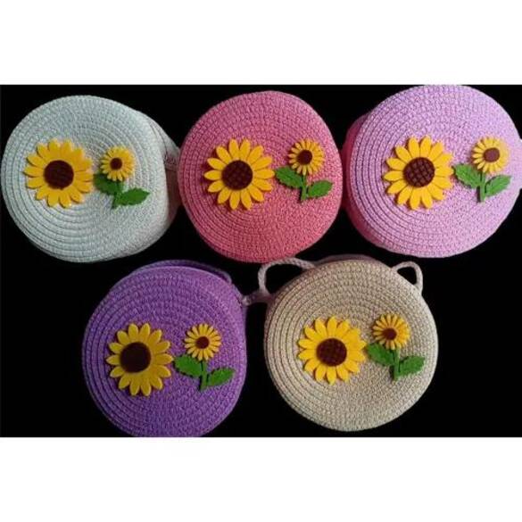 Toptan Davul Tasarımlı Çocuk Figürlü Çapraz Asmalı Hasır Çanta