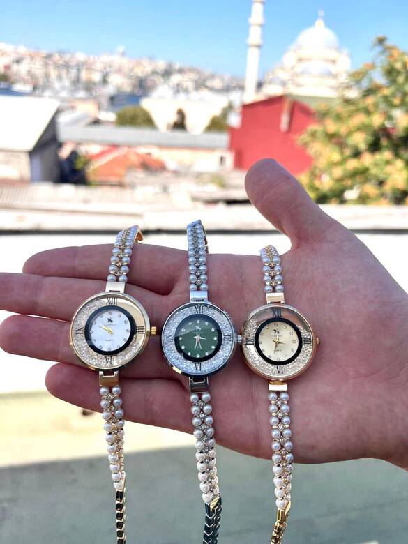 Toptan İnci Kordonlu Bayan Metal Lüx Saat 